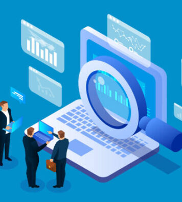 Internet network search technology, business people use magnifying glass to search on laptops